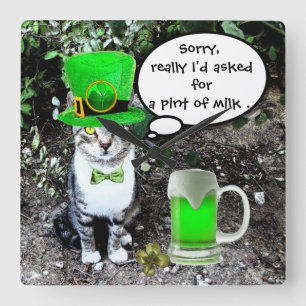 ST PATRICK'S DAY CAT WITH GREEN IRISH BEER SQUARE WALL CLOCK