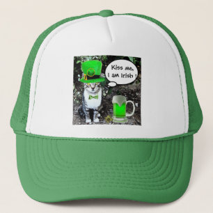 ST PATRICK'S  DAY CAT  WITH GREEN IRISH BEER TRUCKER HAT