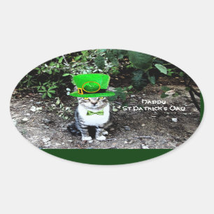 ST PATRICK'S  DAY CAT  WITH LEPRECHAUN HAT OVAL STICKER