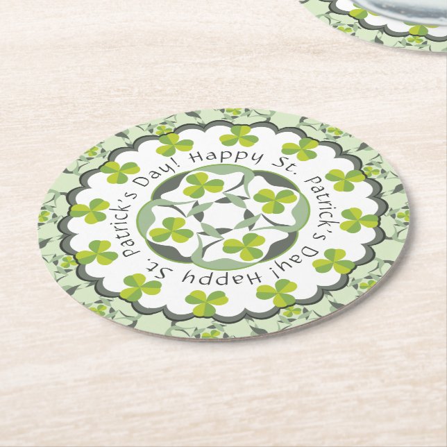 St. Patrick's Day Celtic Shamrock Clover Pattern Round Paper Coaster (Angled)