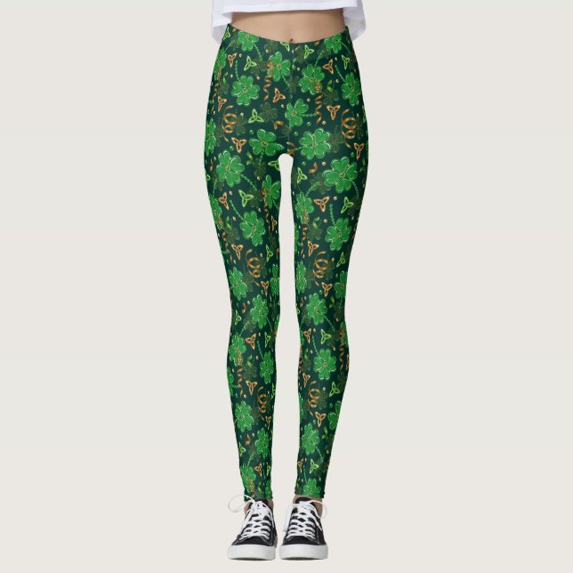 St Patricks day Celtic Triskele Trefoil Shamrock Leggings (Front)