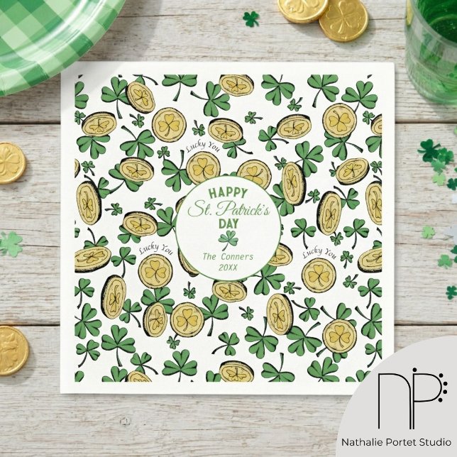 St. Patrick's Day Clover Leprechaun Paper Napkins (hand-drawn fine-line st patricks day napkins with shamrocks coins and leprechaun hats)