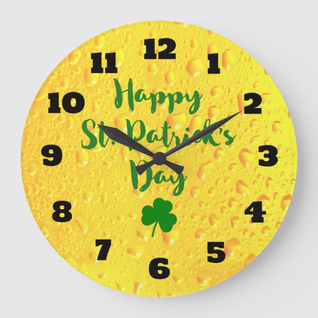 St. Patrick's Day - Clover on a Beer Backdrop Large Clock (Front)