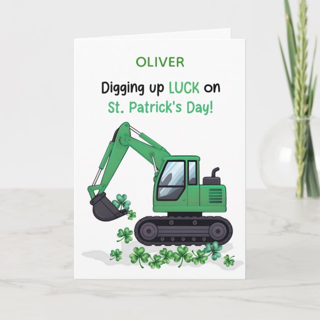 St Patricks Day Construction Excavator Digging Up  Card (Front)
