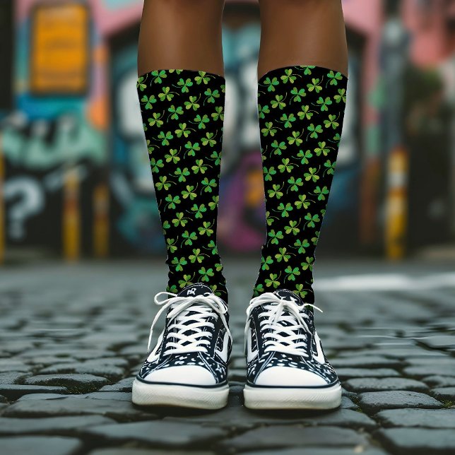  St Patricks Day Cool Shamrock Pattern Green Black Socks (Creator Uploaded)