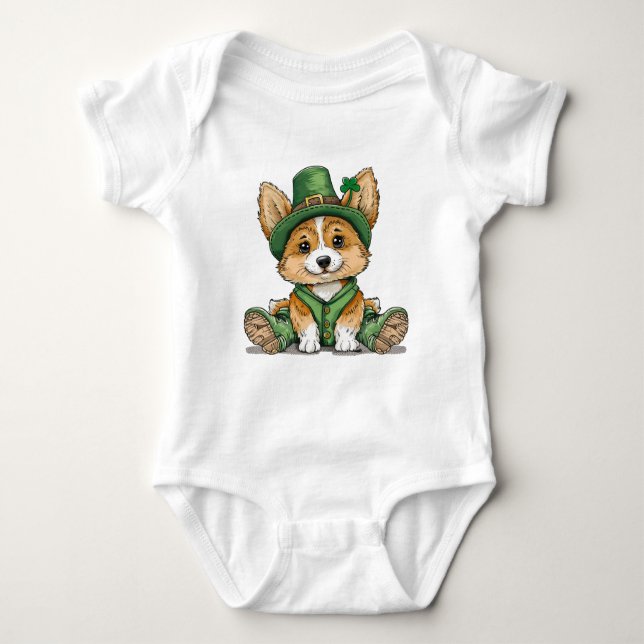 St. Patrick's Day Corgi Dog Baby Bodysuit (Front)