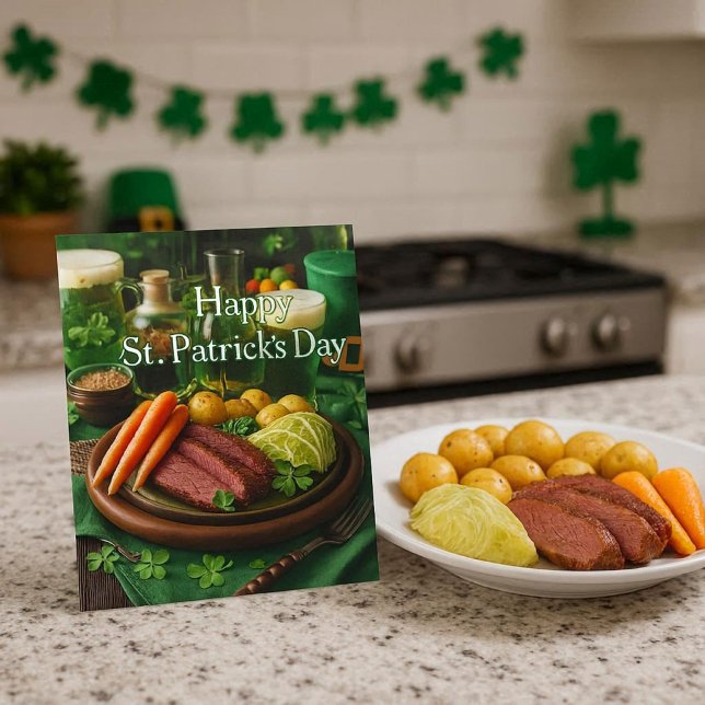 St Patrick's Day Corned Beef Recipe  Holiday Card (St Patrick's Day recipe card with corned beef & cabbage recipe on back.  Mockup shown)