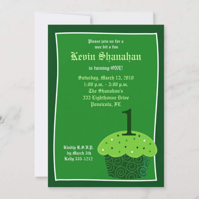 St. Patrick's Day CUPCAKE Birthday Invitation 5x7 (Front)