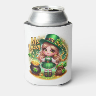 St. Patrick's Day Cute Animated Girl Leprechaun Can Cooler