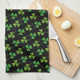 St Patricks Day Cute Shamrock Pattern Green Black Tea Towel