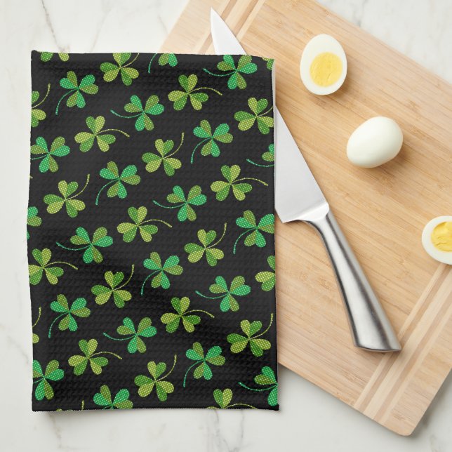 St Patricks Day Cute Shamrock Pattern Green Black Tea Towel (Quarter Fold)