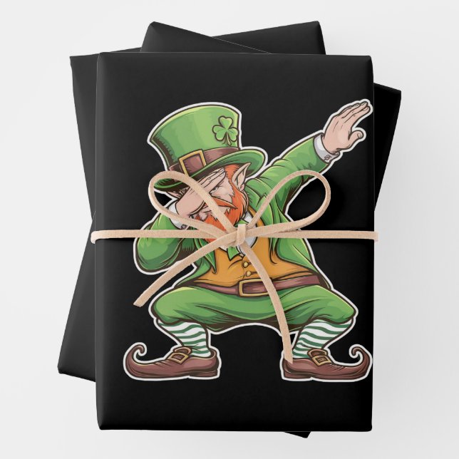 St Patricks Day Dab Dabbing Leprechaun In Green  Wrapping Paper Sheet (In situ)