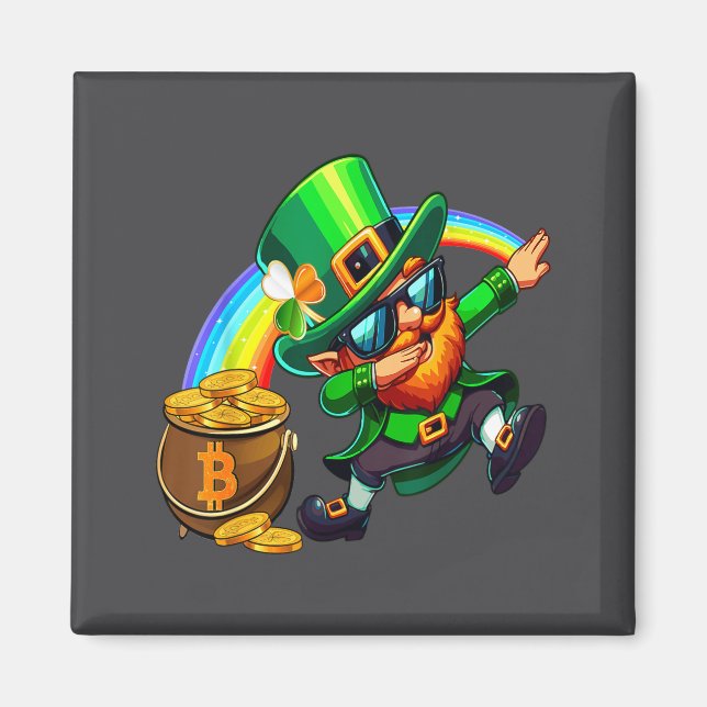 St Patricks Day Dabbing Bitcoin Rainbow Leprechaun Magnet (Front)