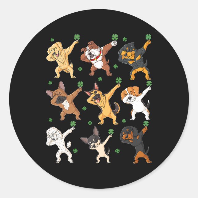 St Patricks Day Dabbing Dogs Holding Clovers Boys  Classic Round Sticker (Front)