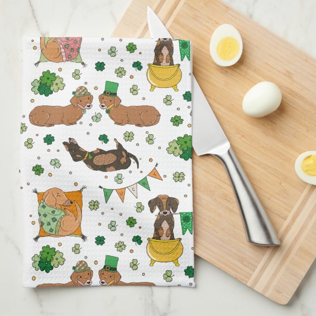 St. Patrick's Day Dachshund Lucky Dogs Tea Towel (Quarter Fold)