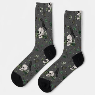 St Patrick's Day Dark Grey & Green Skulls & Roses Socks