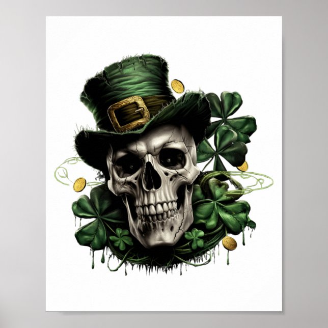 St Patricks Day Dark Irish Skull With Shamrocks T  Poster (Front)