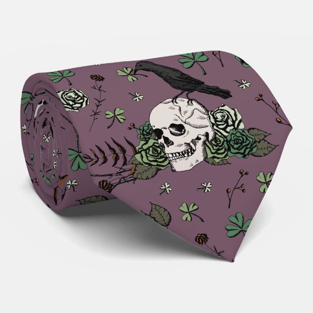 St Patrick's Day Dark Plum & Green Skulls & Roses Tie (Rolled)