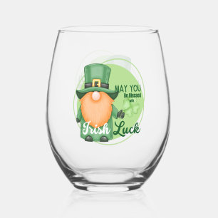 St. Patrick's Day Design Gnome Stemless Wine Glass