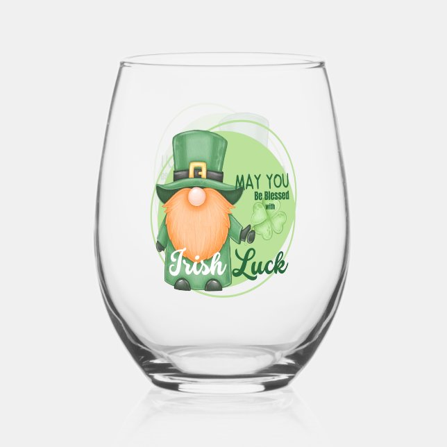 St. Patrick's Day Design Gnome Stemless Wine Glass (Back)