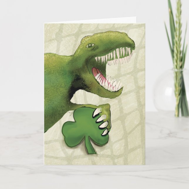 St. Patricks Day Dinosaur Holding Shamrock Card (Front)