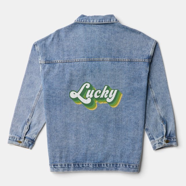 St Patrick's Day Distressed Lucky Word Retro Style Denim Jacket (Back)