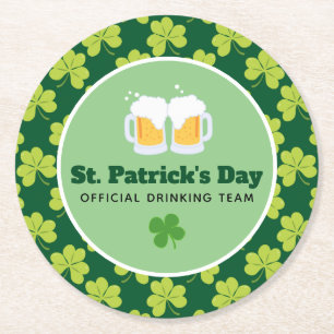 St. Patrick's Day Drinking Team Clover Pattern Round Paper Coaster