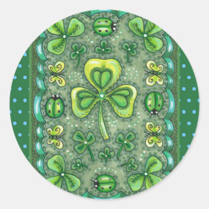 ST. PATRICK'S DAY FOLK ART SHAMROCKS N' LADYBUGS CLASSIC ROUND STICKER