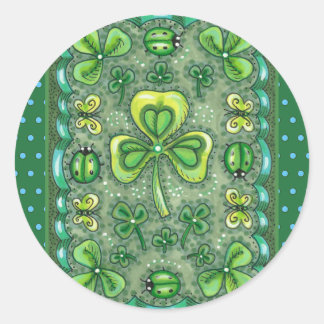 ST. PATRICK'S DAY FOLK ART SHAMROCKS N' LADYBUGS CLASSIC ROUND STICKER