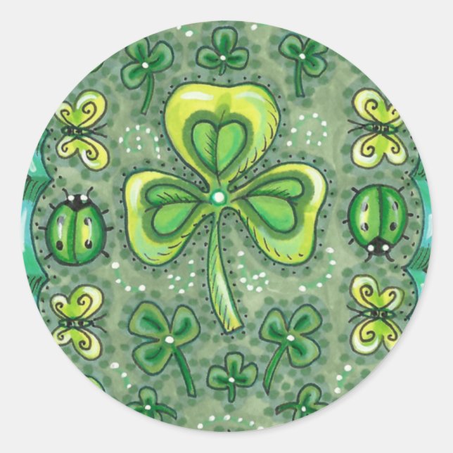 ST. PATRICK'S DAY FOLK ART SHAMROCKS N' LADYBUGS CLASSIC ROUND STICKER (Front)