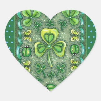 ST. PATRICK'S DAY FOLK ART SHAMROCKS N' LADYBUGS HEART STICKER