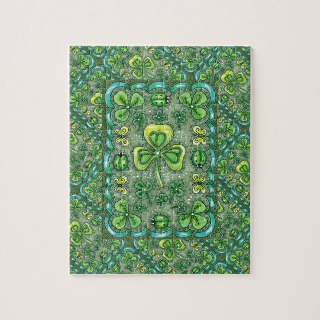ST. PATRICK'S DAY FOLK ART SHAMROCKS N' LADYBUGS JIGSAW PUZZLE (Vertical)