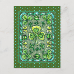 ST. PATRICK'S DAY FOLK ART SHAMROCKS N' LADYBUGS POSTCARD