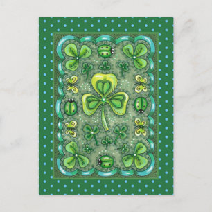 ST. PATRICK'S DAY FOLK ART SHAMROCKS N' LADYBUGS POSTCARD