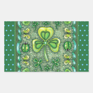 ST. PATRICK'S DAY FOLK ART SHAMROCKS N' LADYBUGS RECTANGULAR STICKER