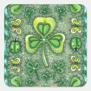 ST. PATRICK'S DAY FOLK ART SHAMROCKS N' LADYBUGS SQUARE STICKER