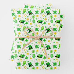 St Patrick's Day Four Leaf Clover Horseshoes Gold  Wrapping Paper Sheet