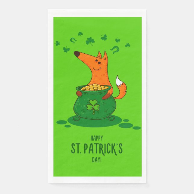 St Patricks Day Fox Pot of Gold Green Shamrock Napkin (Front)