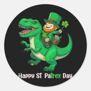 St Patricks Day Funny Leprechaun Riding Dino T Rex Classic Round Sticker