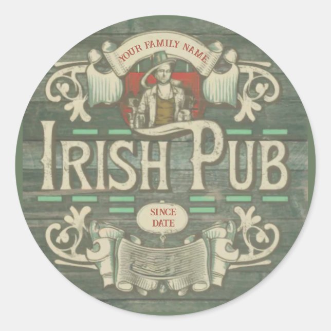 St Patrick's Day Funny Personalised Irish Pub Classic Round Sticker (Front)