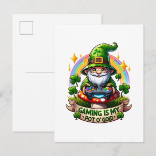 St. Patrick's Day Gamer Gnome Invitation Postcard