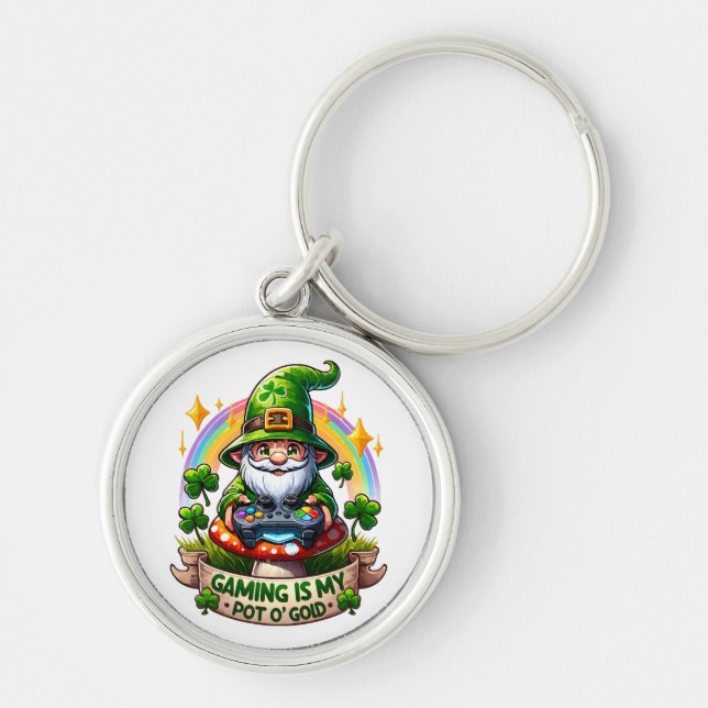 St. Patrick's Day Gamer Gnome Key Ring (Front)