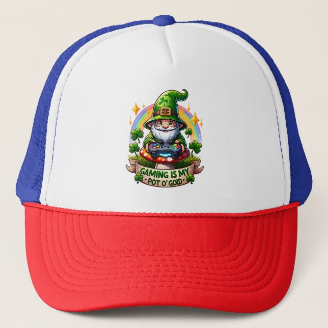 St. Patrick's Day Gamer Gnome Trucker Hat (Front)