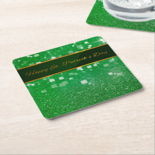 St. Patrick's Day Glitter Shamrock Square Paper Coaster