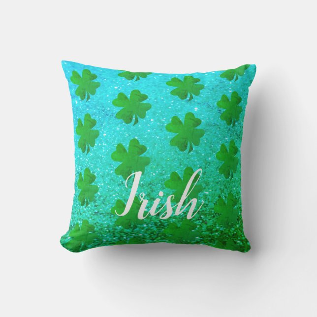 St Patrick's Day Glittery Blue Green Shamrock Leaf Cushion (Front)
