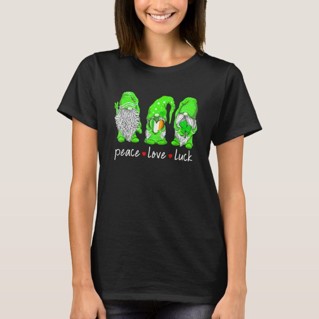 St Patrick's Day Gnome Peace Love Luck Heart Shamr T-Shirt (Front)