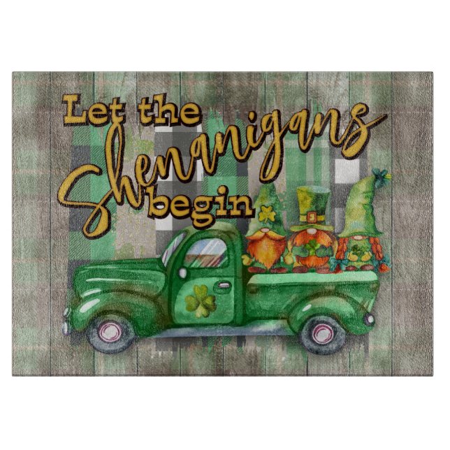 St. Patrick's Day Gnomes In Truck Shenanigans Cutting Board (Front)
