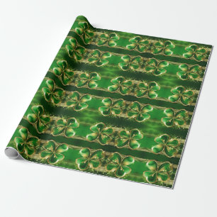 St. Patricks Day Gold Glitter Green Clover Leaf Wrapping Paper
