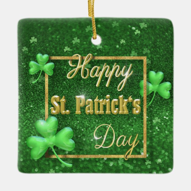 St. Patrick's Day Gold Shamrock Ceramic Ornament (Front)