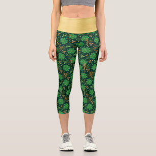 St Patricks day Gold Trefoil Ribbon Lucky Shamrock Capri Leggings